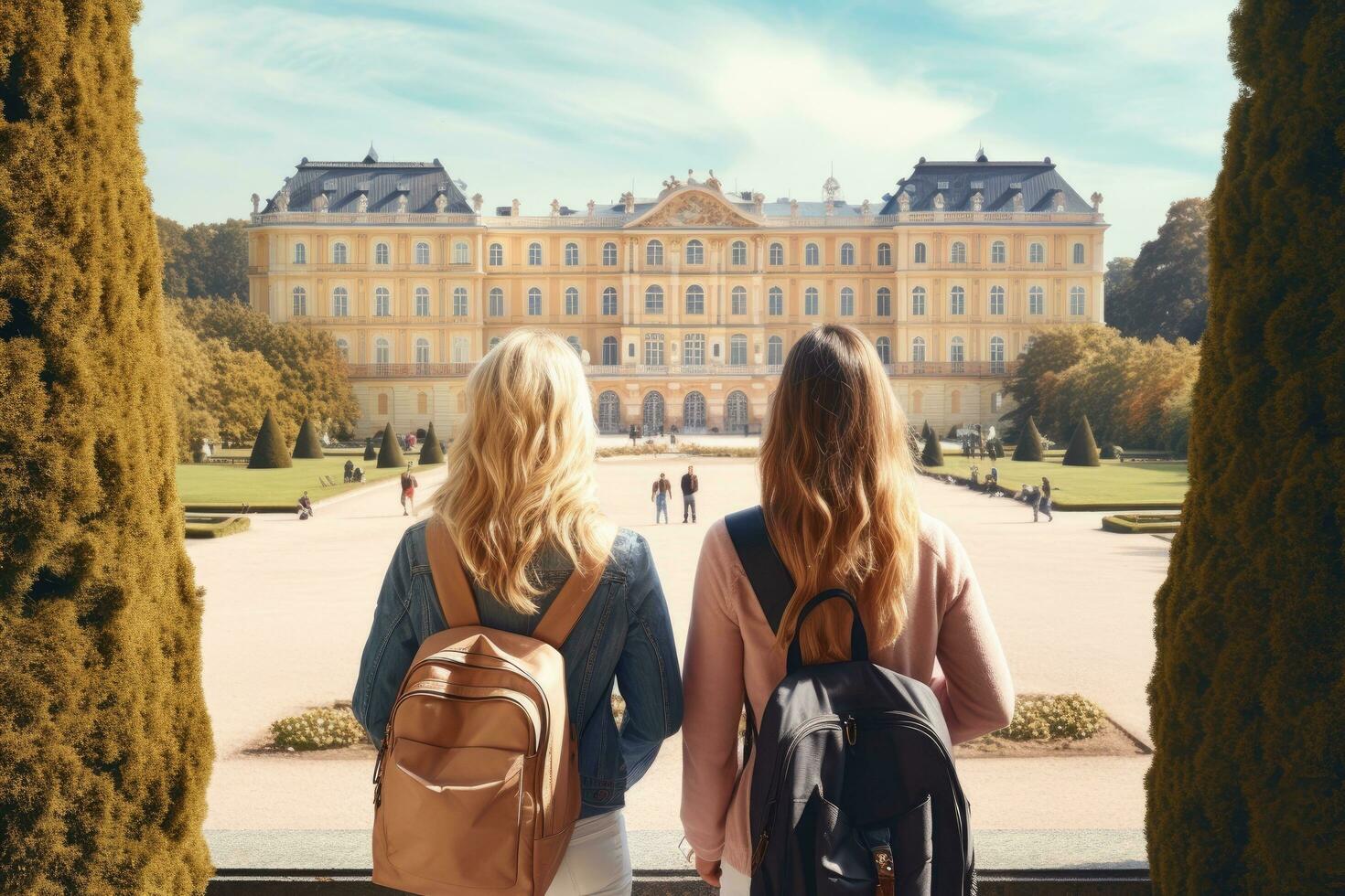 espalda ver de dos joven hembra amigos con mochilas en pie en frente de Mirador palacio en Viena, Austria, hembra turistas en pie en frente de el Schonbrunn real palacio, ai generado foto