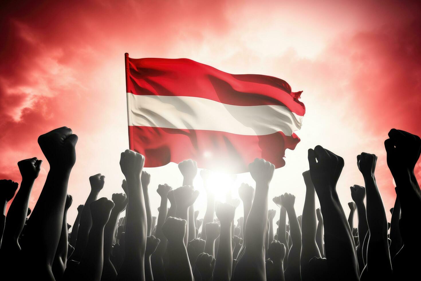 Silhouette of a crowd of people with the flag of Austria, Silhouette of raised arms and clenched fists on the background of the flag of Austria, AI Generated photo