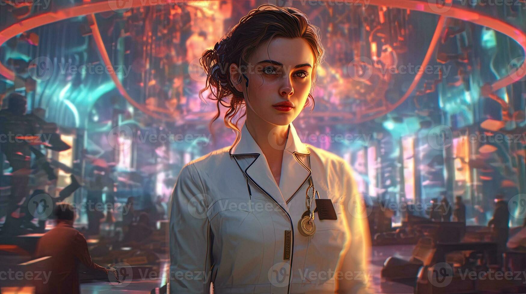 short tempered woman of science, digital art illustration, Generative AI photo