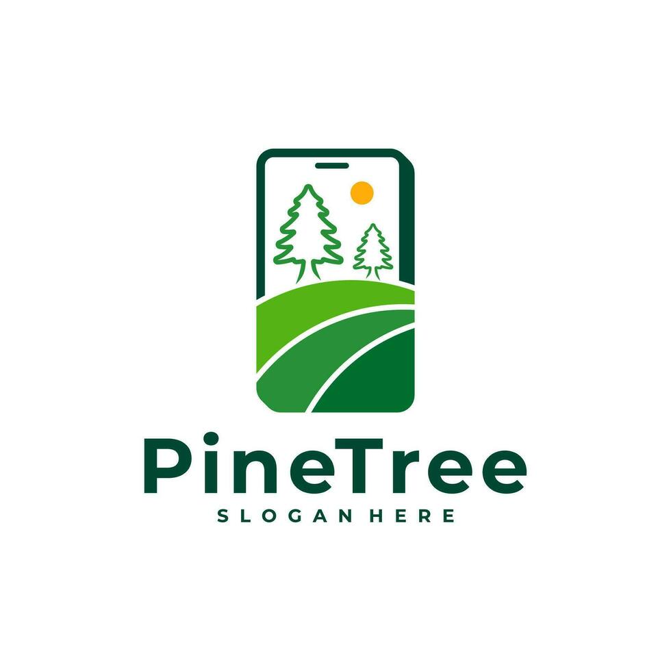 Pine Tree with Phone logo design vector. Creative Pine Tree logo concepts template vector