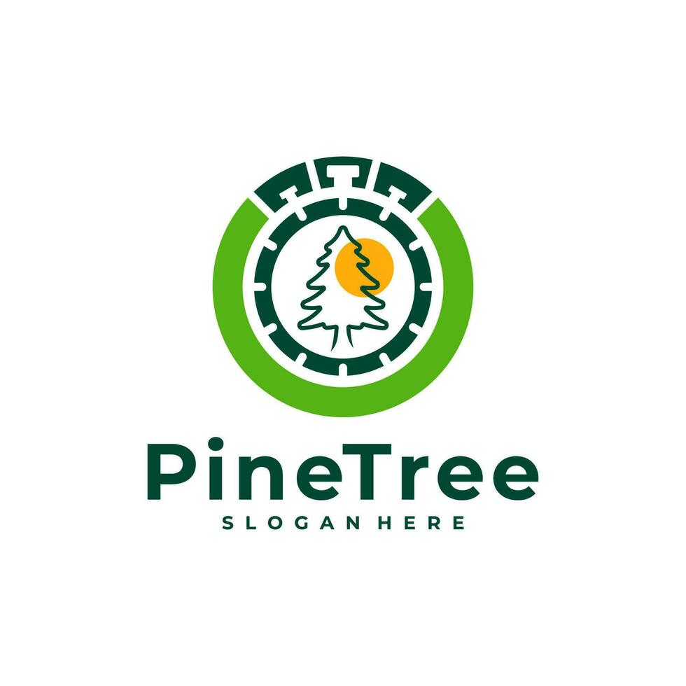 Pine Tree with Time logo design vector. Creative Pine Tree logo concepts template vector