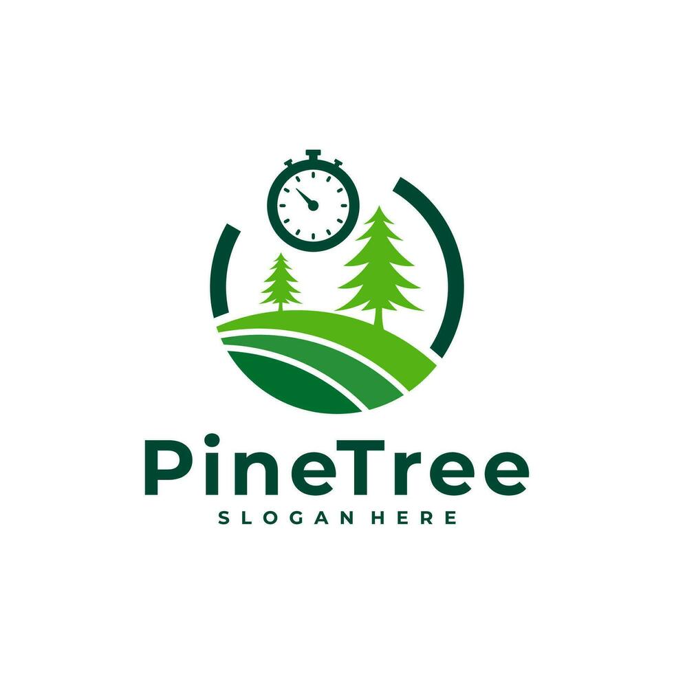 Pine Tree with Time logo design vector. Creative Pine Tree logo concepts template vector