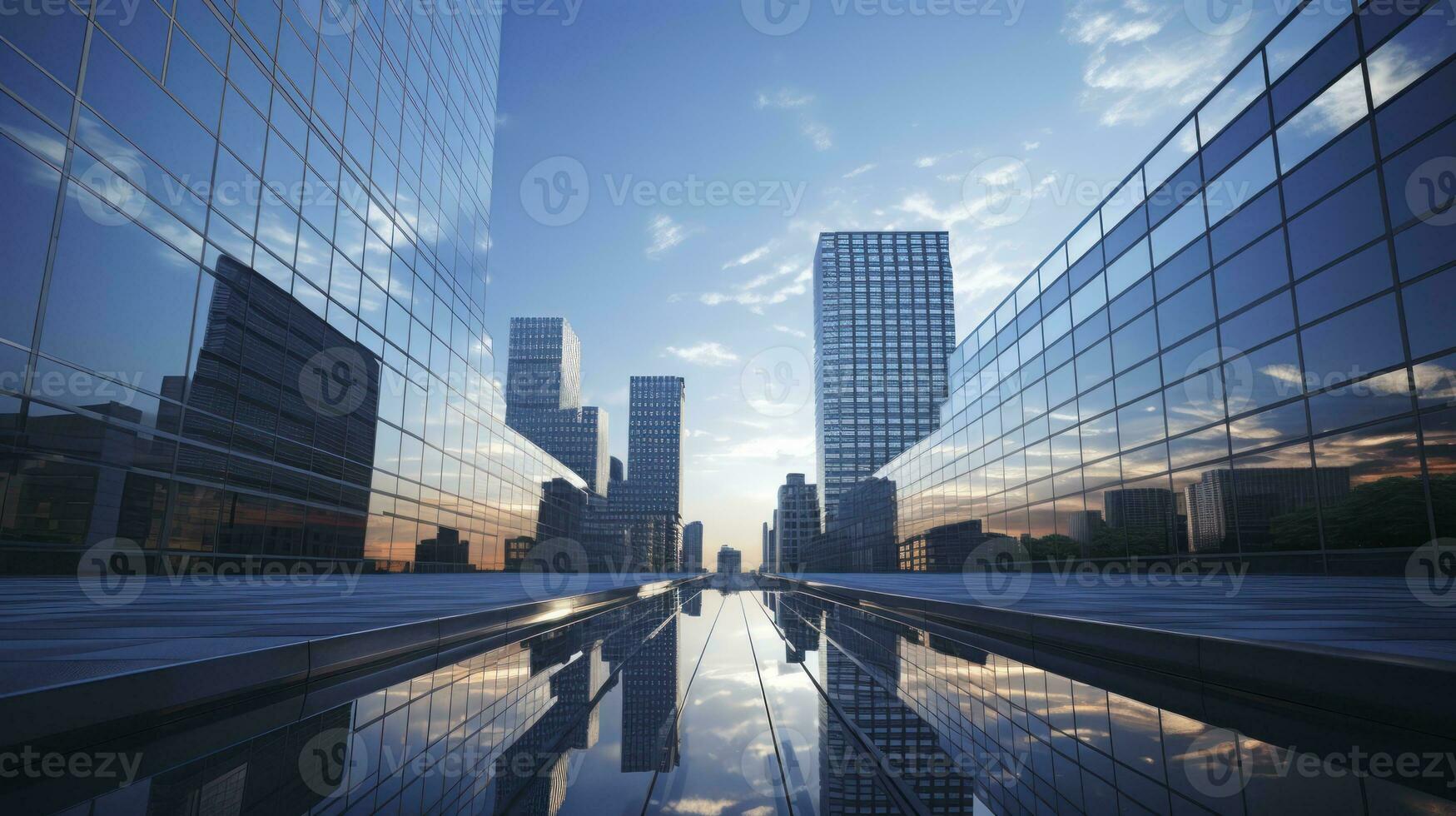 Glass Giants - Group of office buildings against the sky - reflection in building facade. Generative AI photo