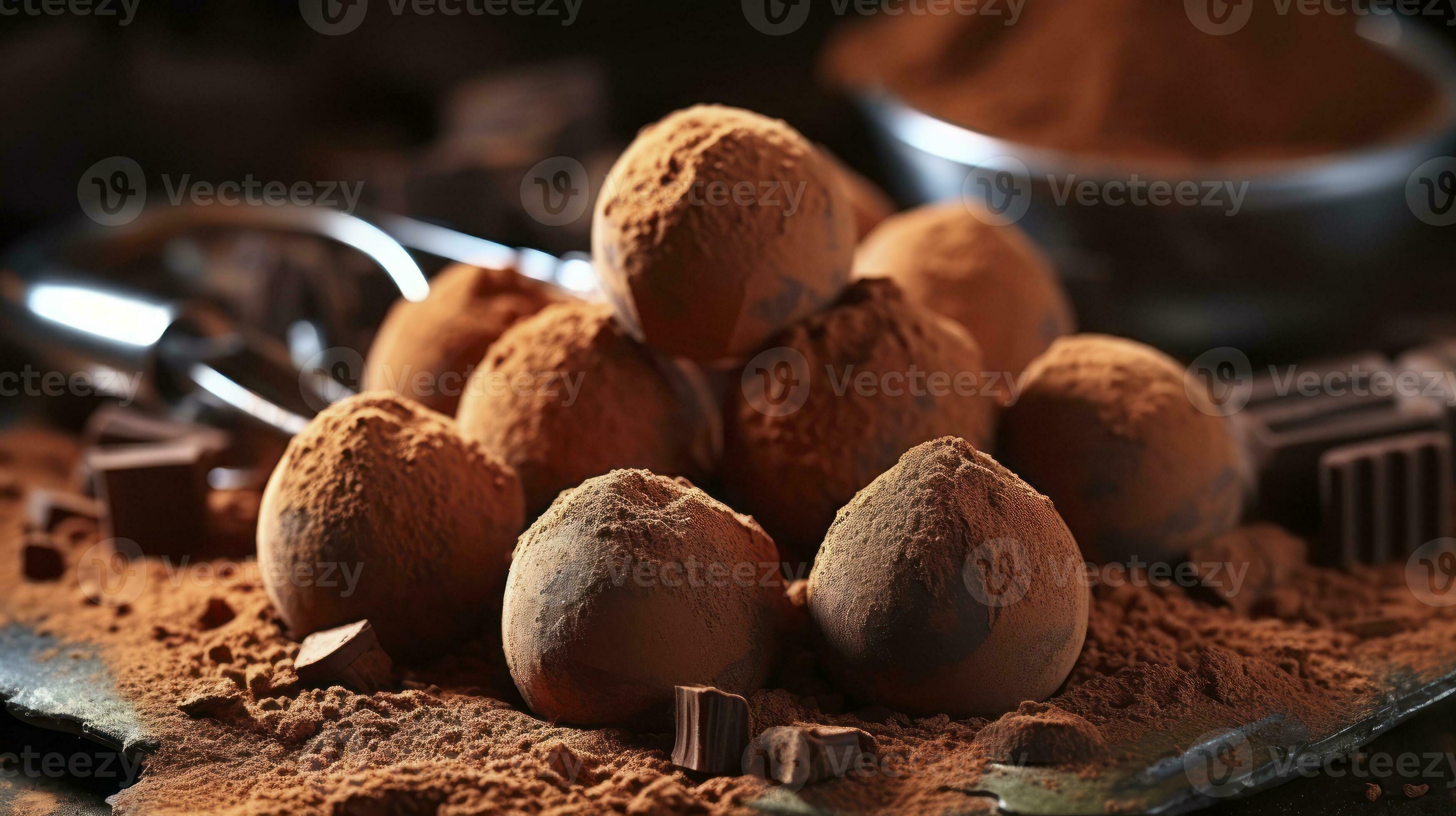 Freshly Made Dark Chocolate Truffles Dusted with Fine Cocoa Powder. Generative AI 33651042 Stock