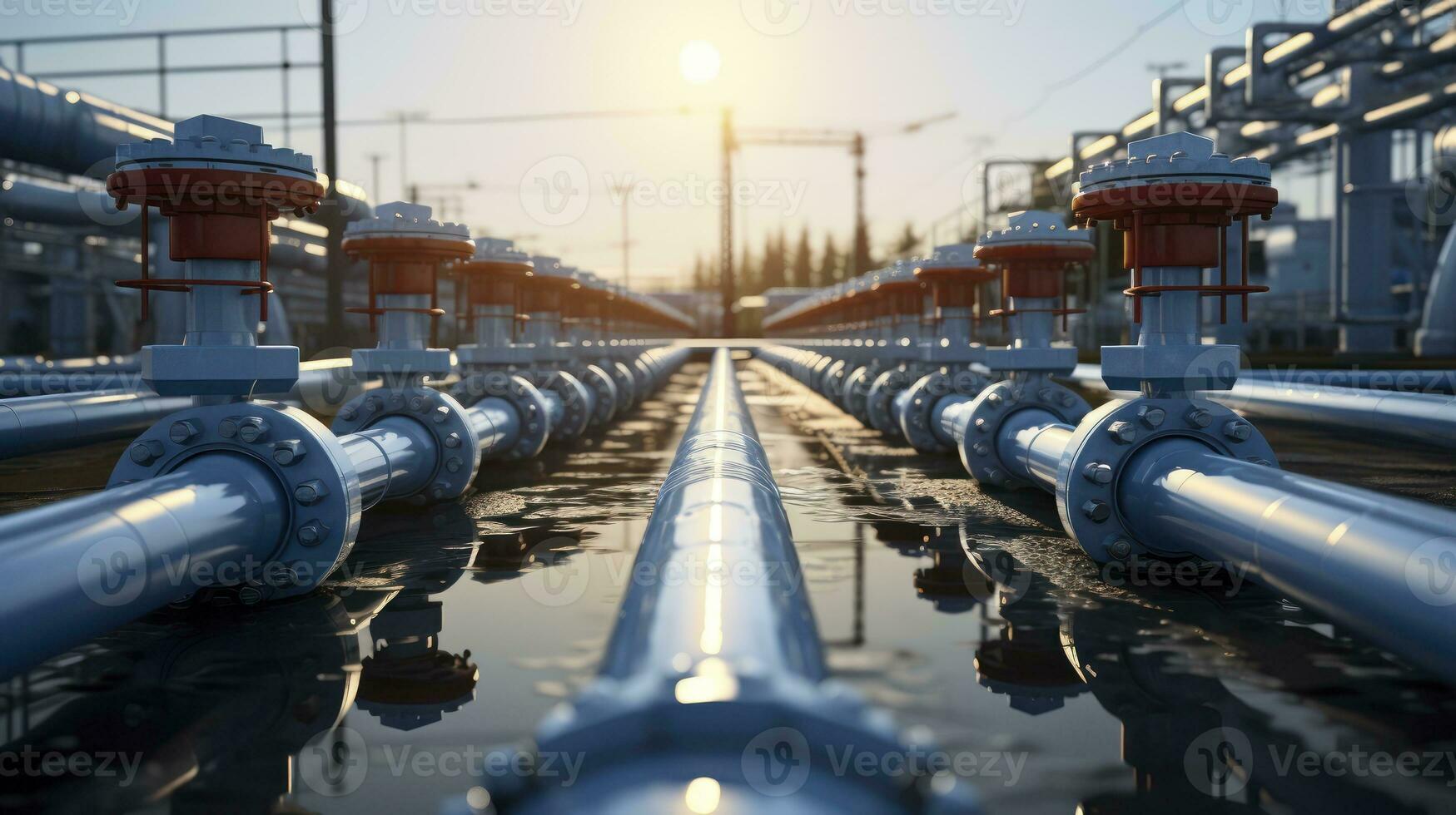 Oil Or Gas Transportation With Pipe Line Valves On Soil And Sunrise Background. Generative AI photo