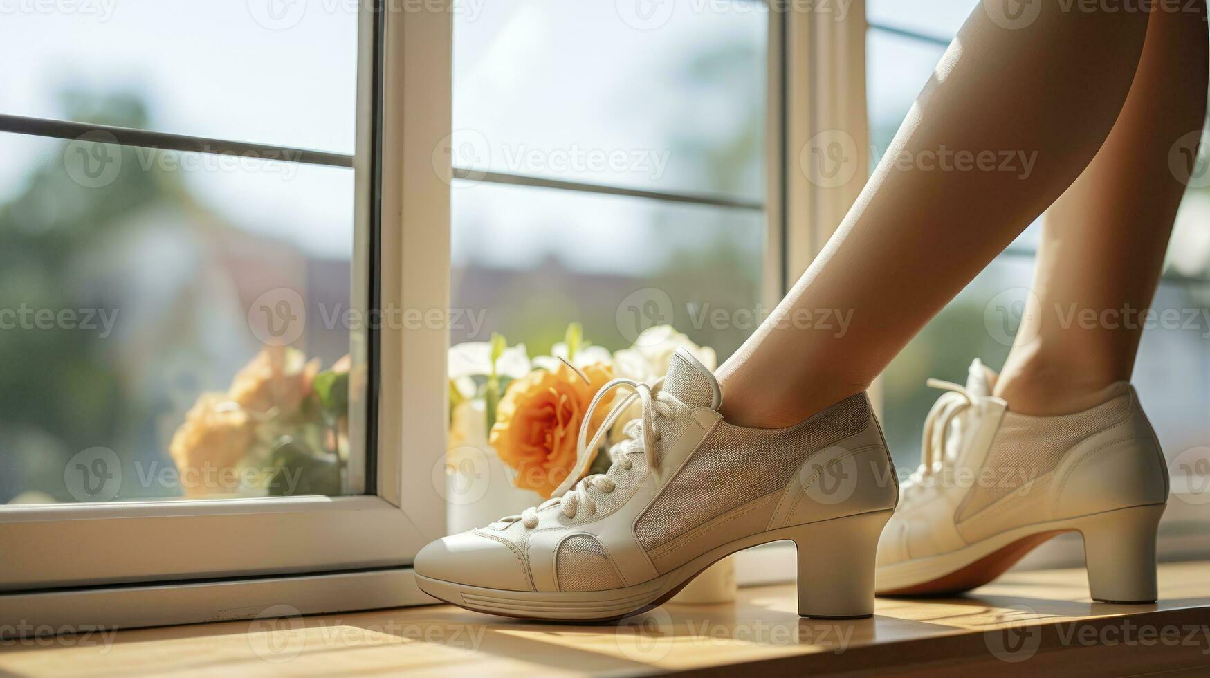 A Woman's Shoes Poised Gracefully on a Sunlit Window Sill. Generative AI photo
