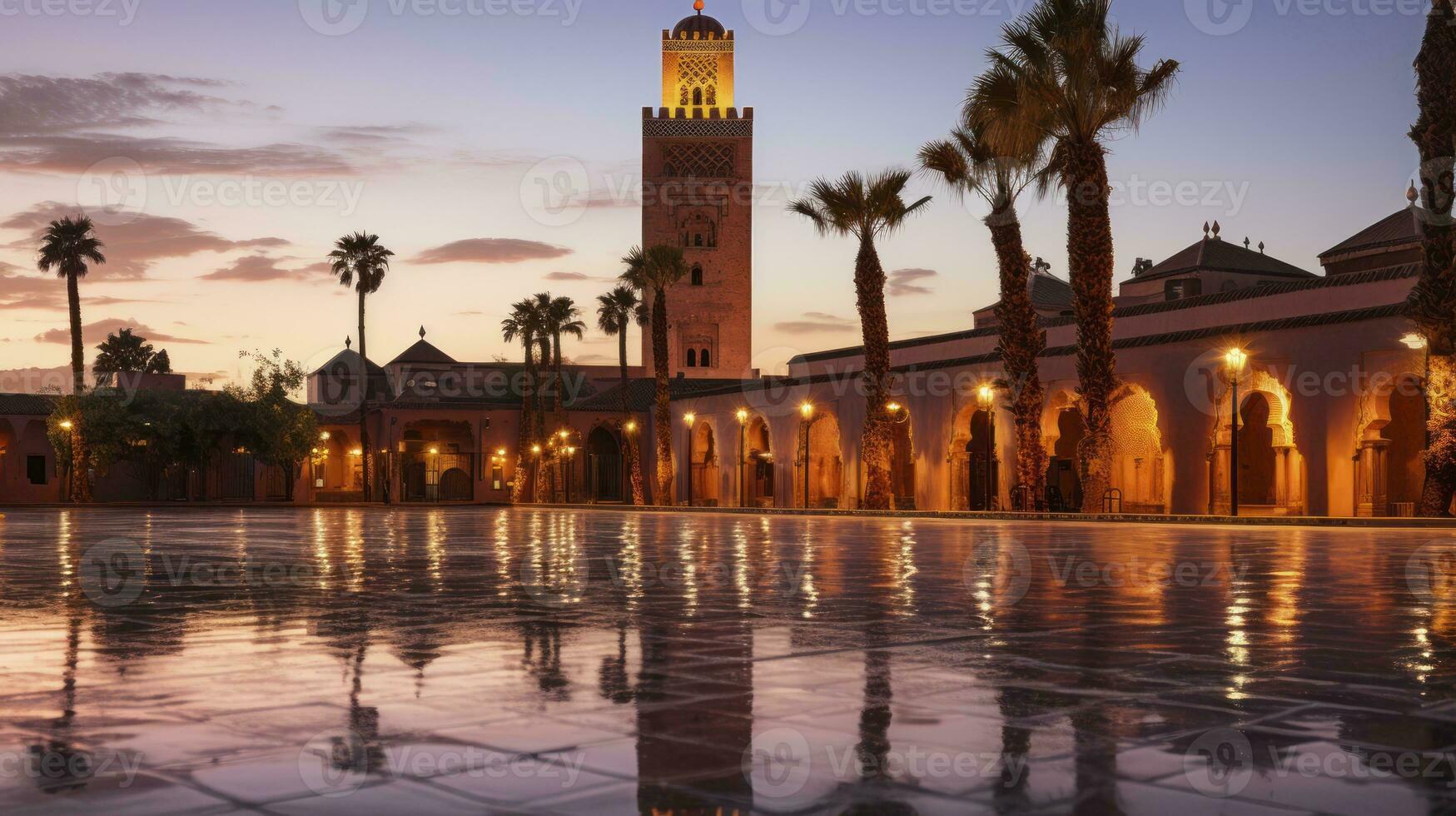 crepúsculo tranquilidad. sereno momentos a koutoubia mezquita. generativo ai foto