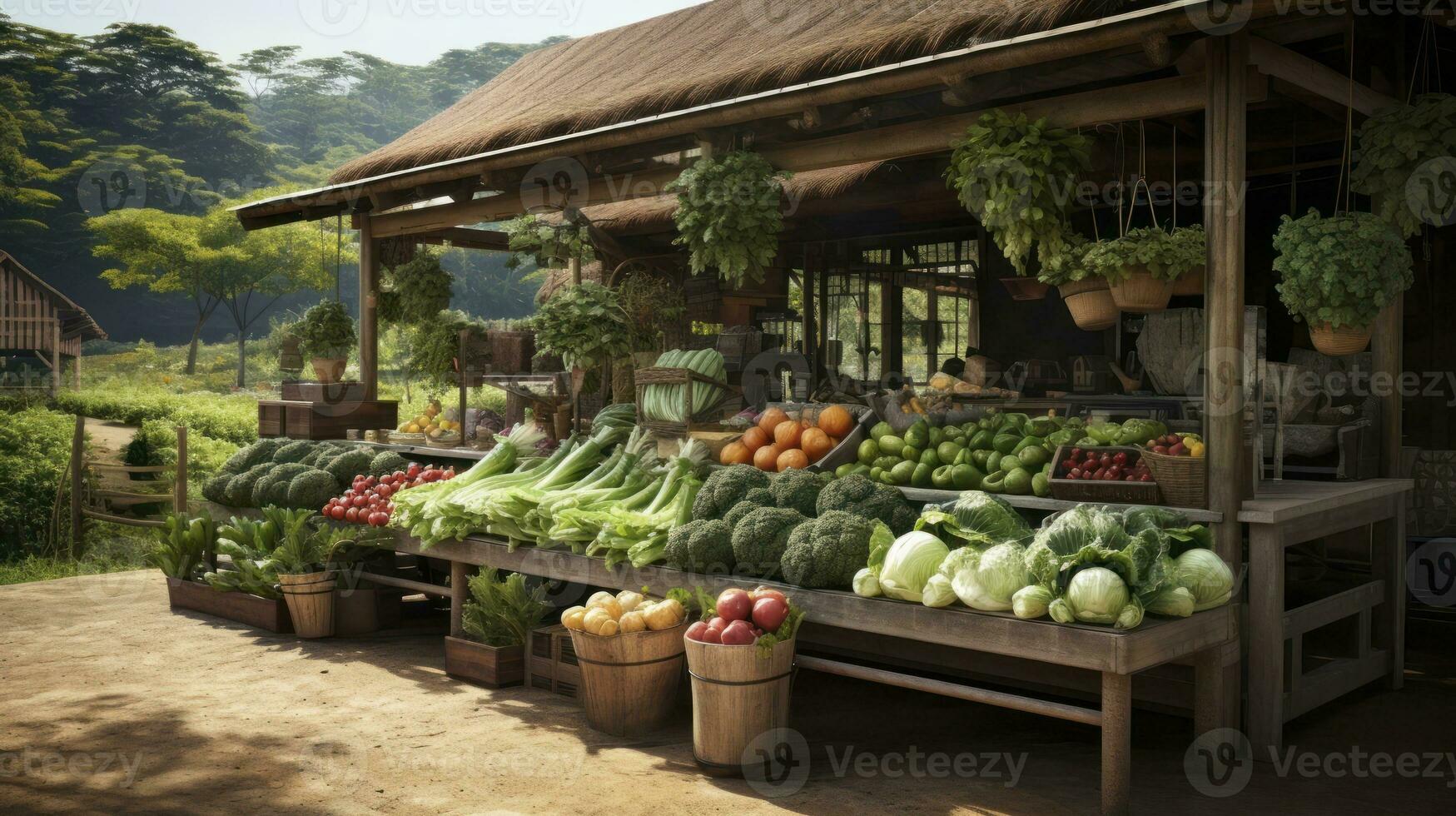 vitrinas el beneficios de orgánico agricultura, presentando sano cultivos y Fresco cosechas generativo ai foto