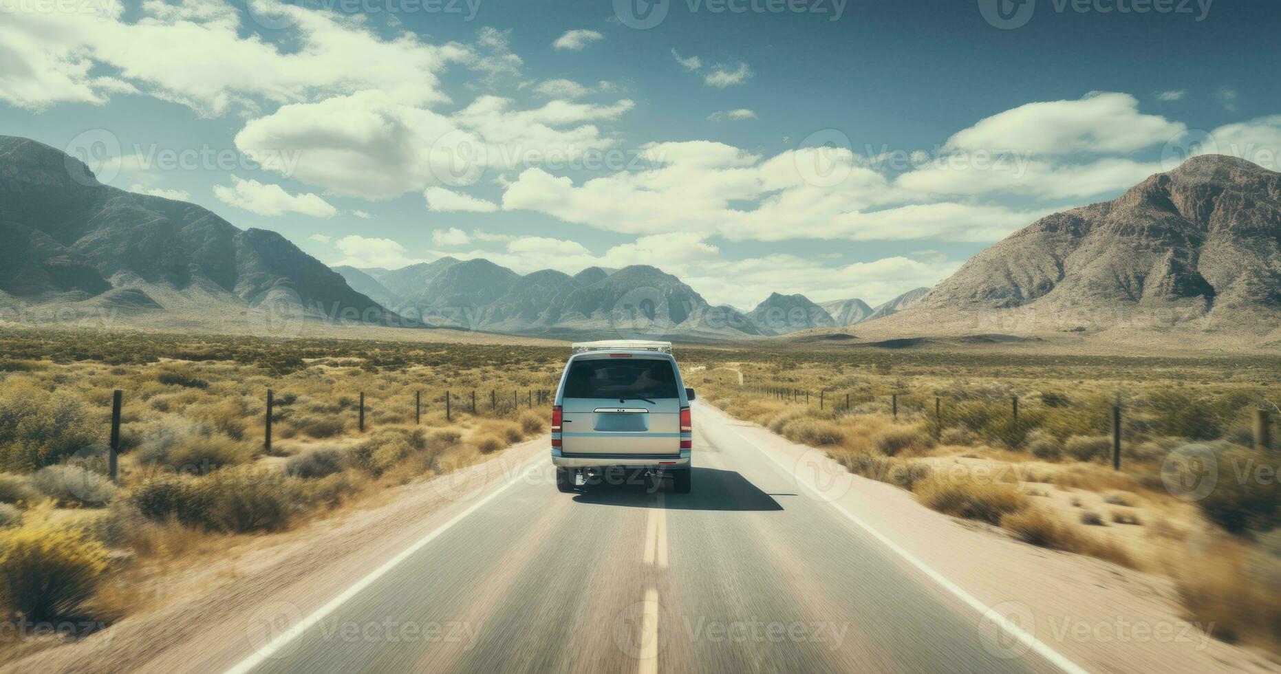 A van cruising on the open road showcases the adventurous spirit of van life road trips. Generative AI photo