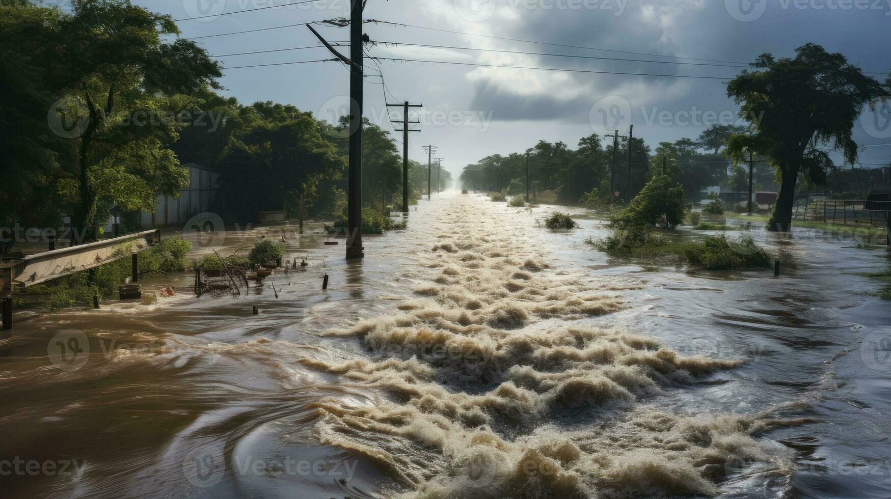 Roads Submerge in Tropical Storm's Rising Tides. Generative AI photo