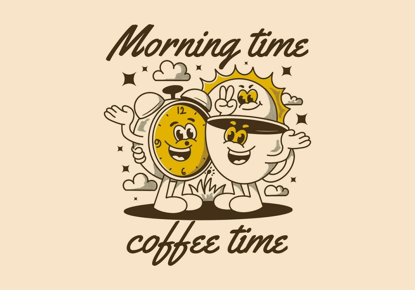 Morning time, coffee time. Mascot character of coffee cup, alarm clock and a sun vector