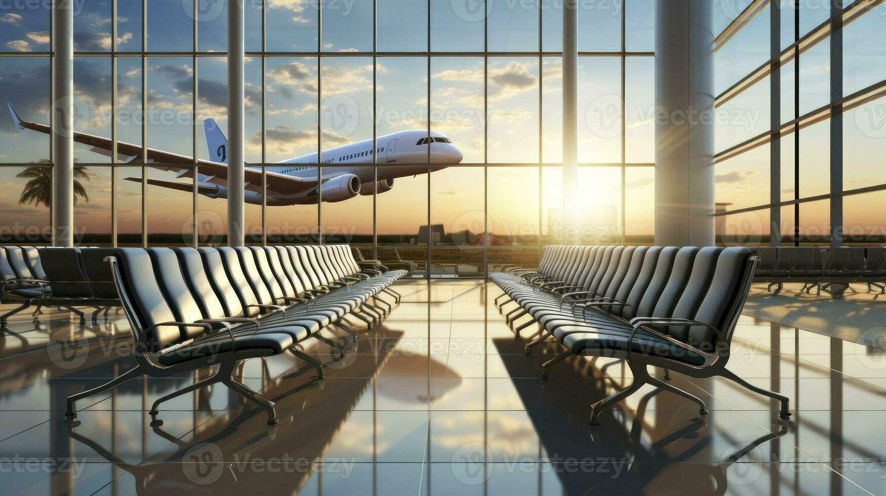 Empty airport terminal lounge with airplane on background. Generative AI photo