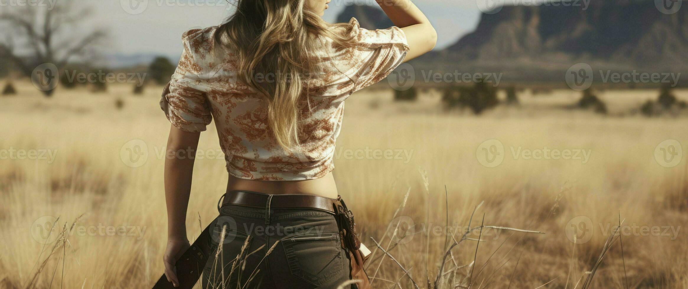 Rustic Elegance. Rear View, Beautiful cowgirl outdoors wearing cowboy hat. Generative AI photo