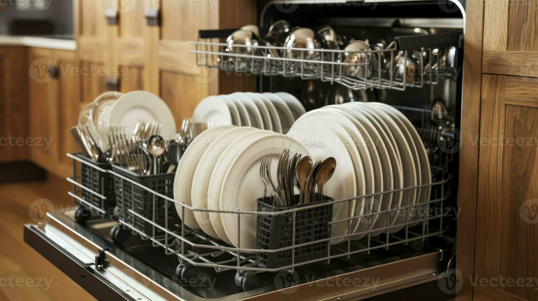 From Dirty to Dazzling. Top Perspective of Clean Dishes in Dishwasher. Generative AI photo