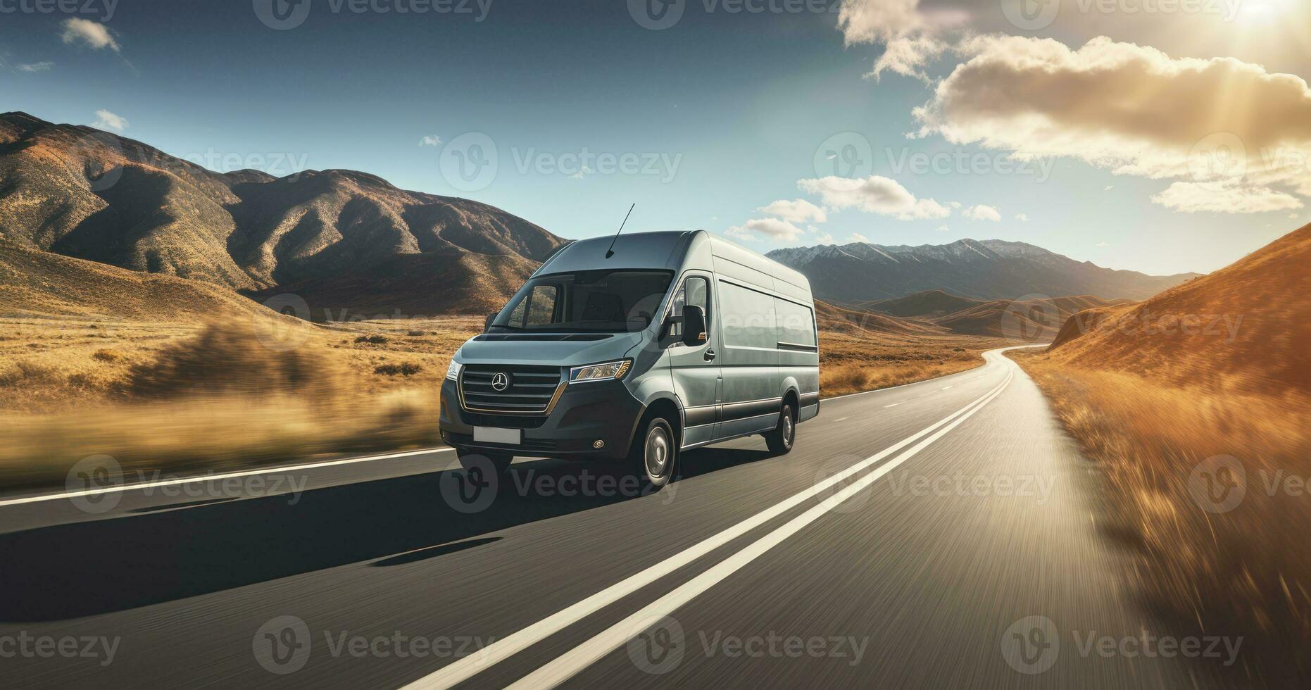 A van cruising on the open road showcases the adventurous spirit of van life road trips. Generative AI photo