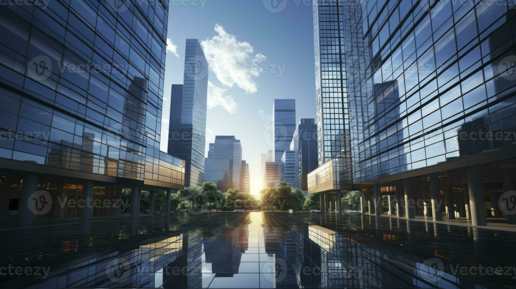 Architectural Symphony. Skyline Reflections in Modern Facades. Generative AI photo