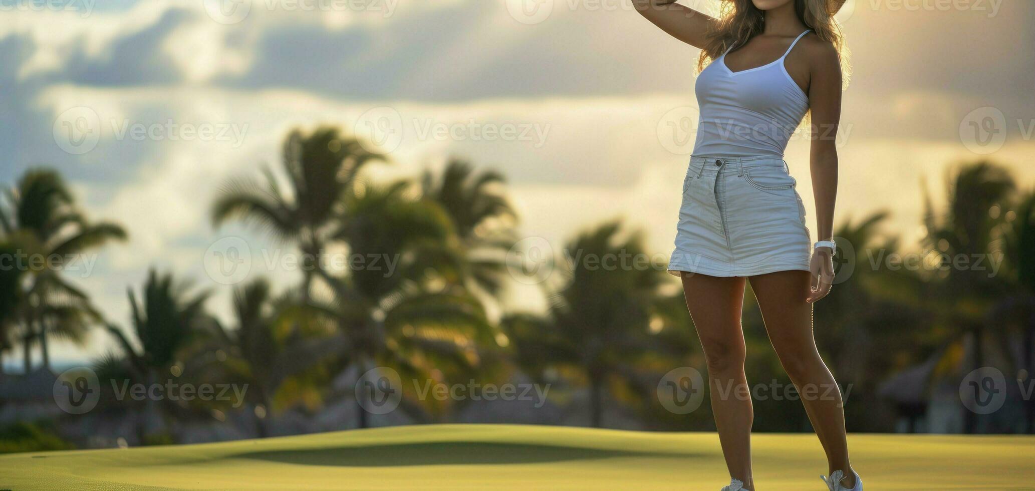 Elegance on the Green. Young Golfer Strikes a Pose at Tropical Resort. Generative AI photo