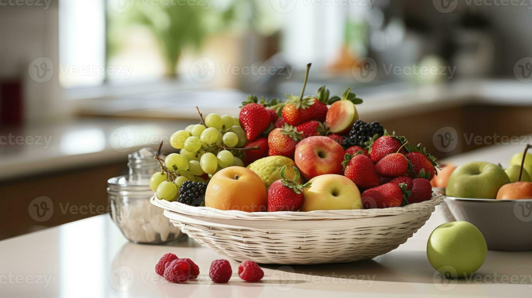 un Fruta cesta iluminacion el cocina espacio. generativo ai foto