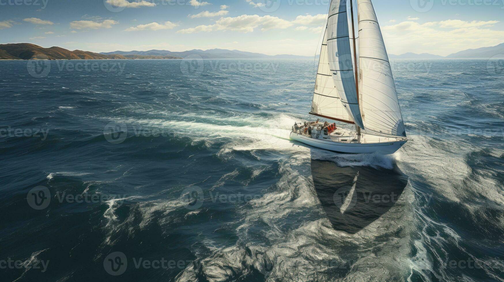 Aerial view of sailboat in windy condition. Regatta sailing ship yachts with white sails at open sea. Generative AI photo