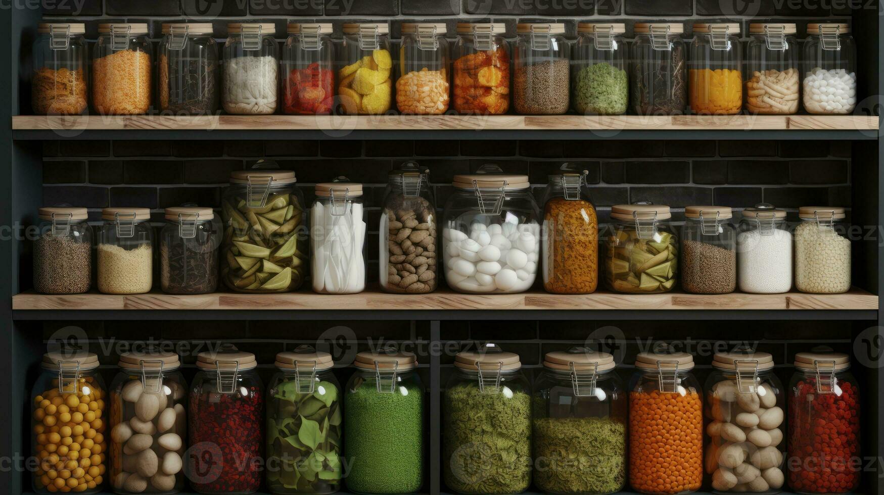 Organised Pantry Items, Fruits, Vegetables And Preserved Foods In Jars On Kitchen Shelf. Generative AI photo