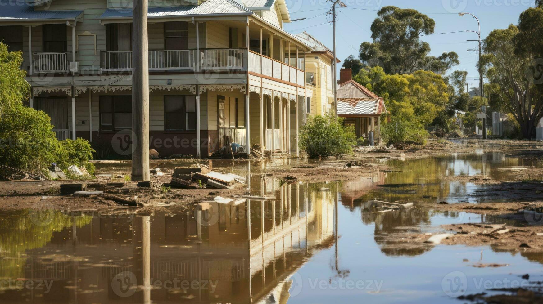Ravages of the Deluge. Buildings Bear the Brunt of Flooding. Generative AI photo