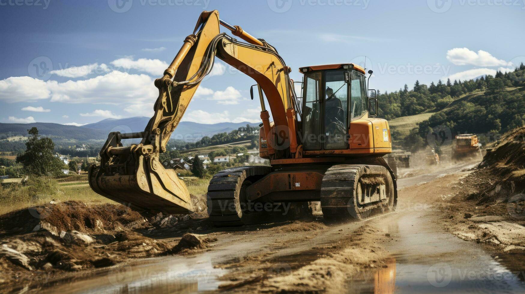 A Wide-Angle View of Excavator at Work. Generative AI photo