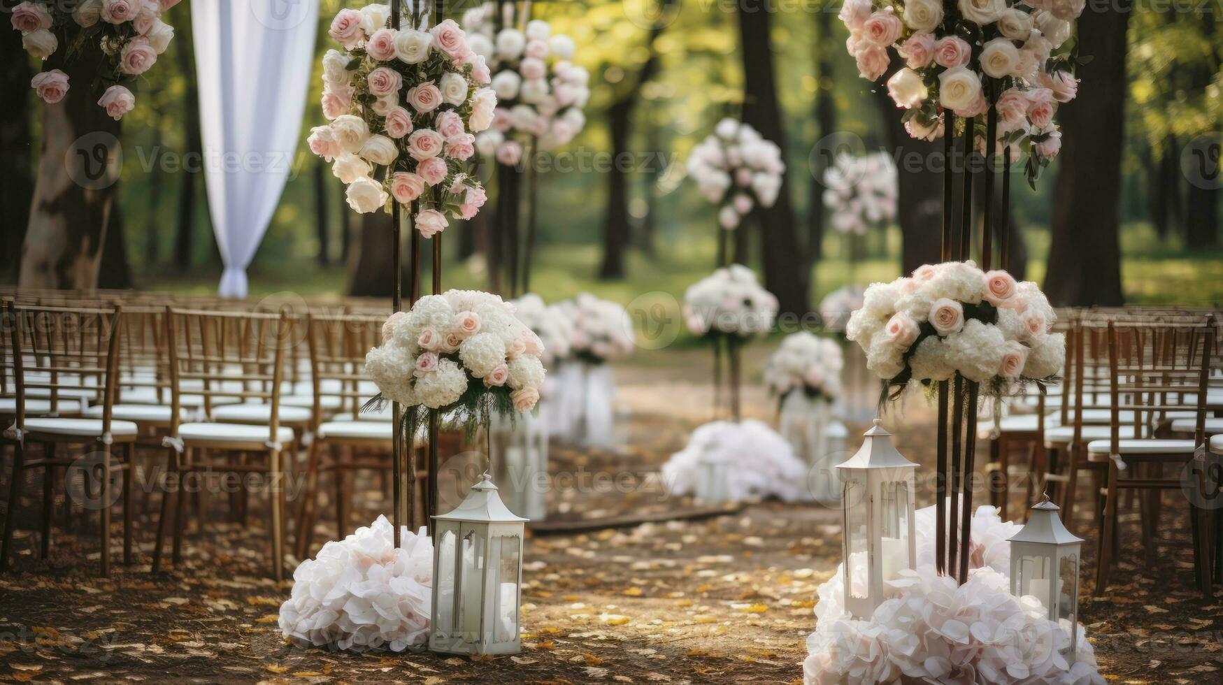 Preparation for a wedding ceremony outdoor in the park forest . Wood arch and chairs are decorated with white and pink flowers roses and peony. Generative AI photo