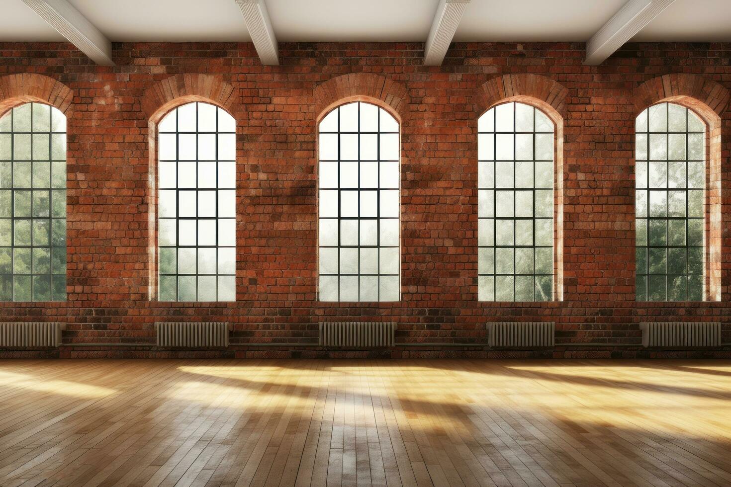 Empty room interior with concrete walls, wooden floor with window . Ai Generative photo