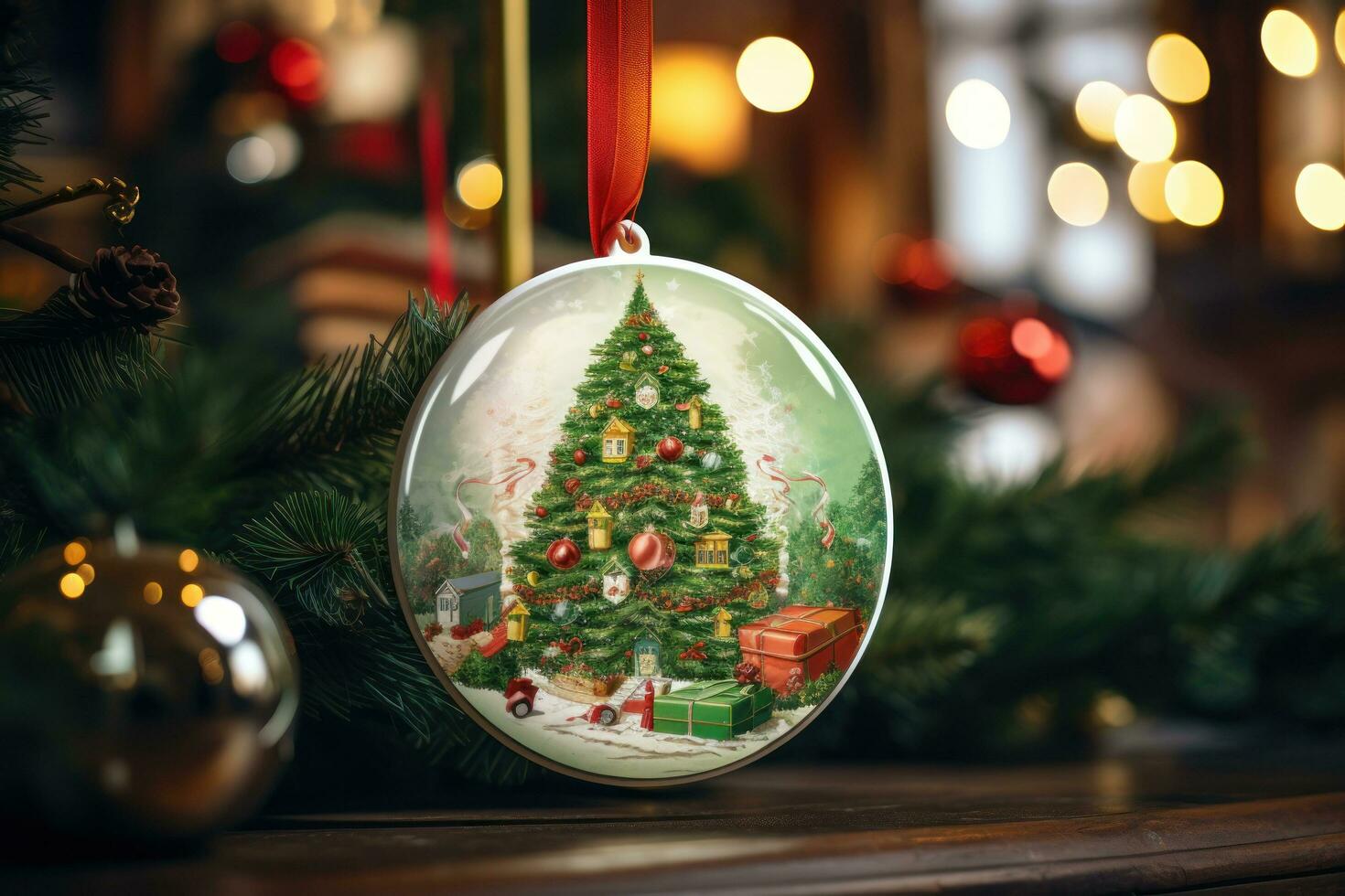 Empty Blank Round Christmas Ornament Mockup, Ceramic white circle family gift. AI generative photo