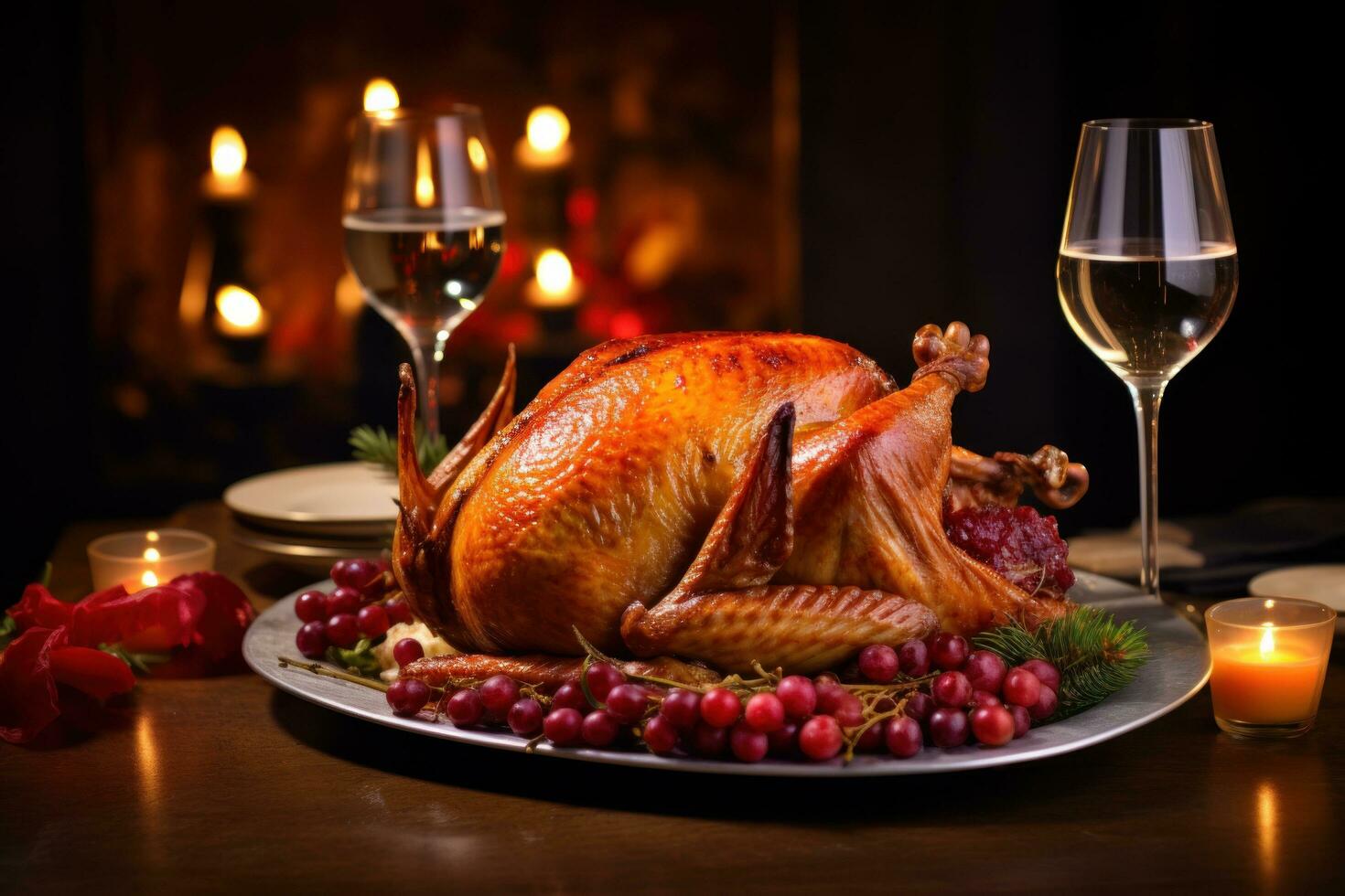 asado Turquía con vegetales y hierbas es un tradicional plato para acción de gracias o Navidad día. ai generativo foto