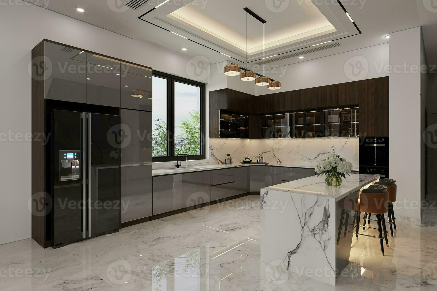 kitchen with appliances and a beautiful interior with a kitchen island. 3d rendering photo