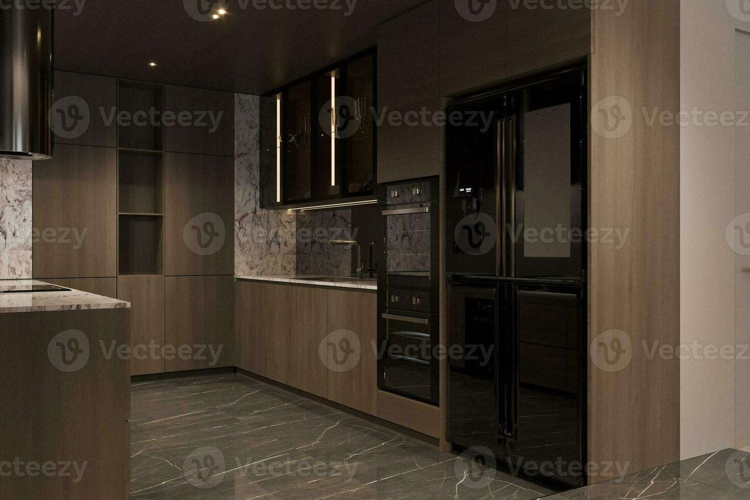 Modern kitchen interior with wooden stuff and technology, texture tiles floor, 3D rendering photo