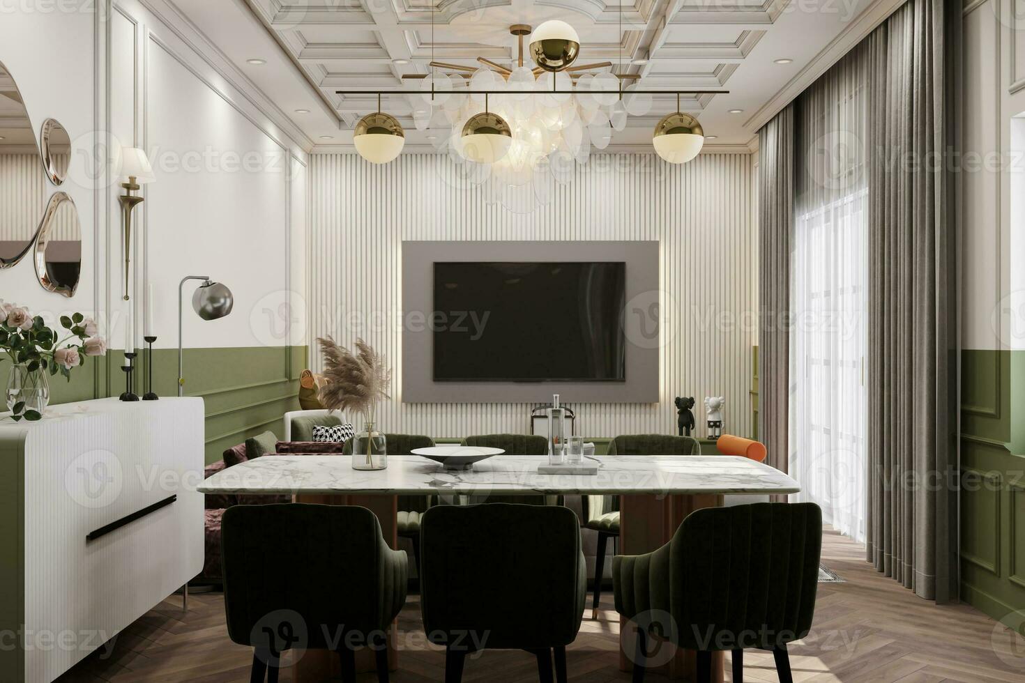 Sunlight entry into the Stylish and botany dining place interior along with Green Ava velvet chairs and a white marble table, light chandelier. 3D rendering photo