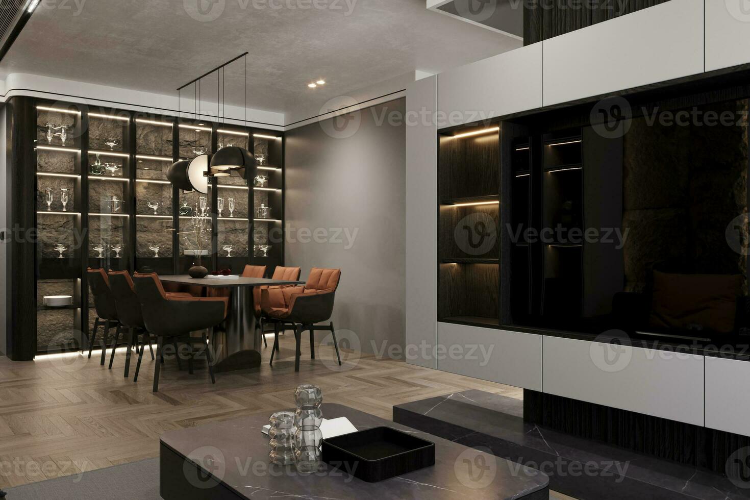 bien amueblado negro y blanco decoración con exclusivo cosa, 3d representación foto