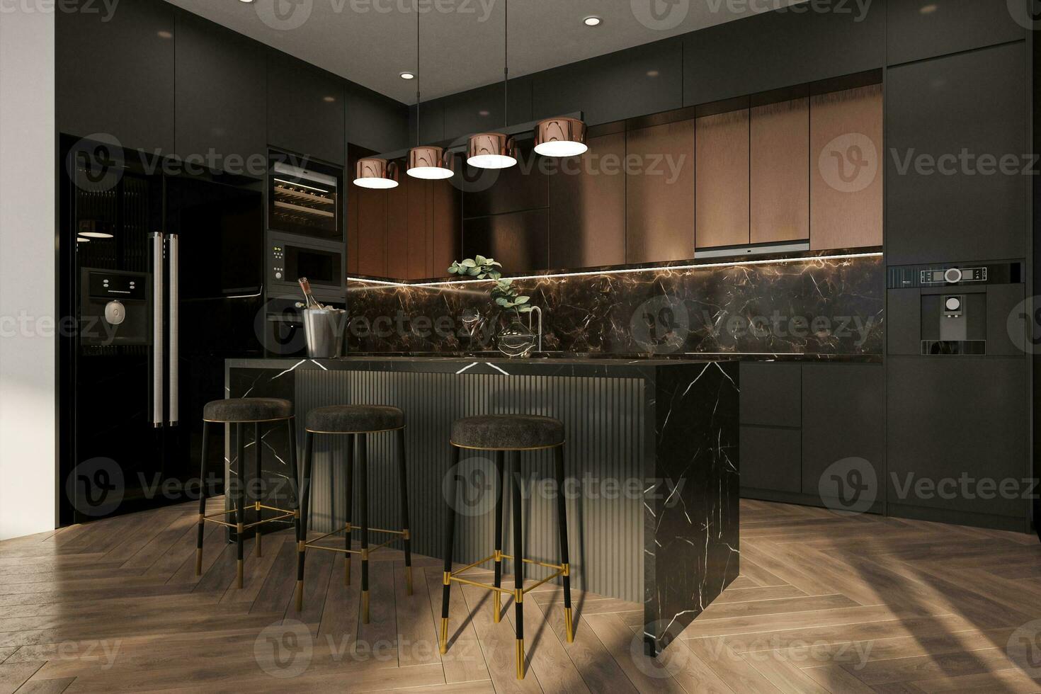 Black Stylish tools in the kitchen with Black kitchen island, 3D rendering photo