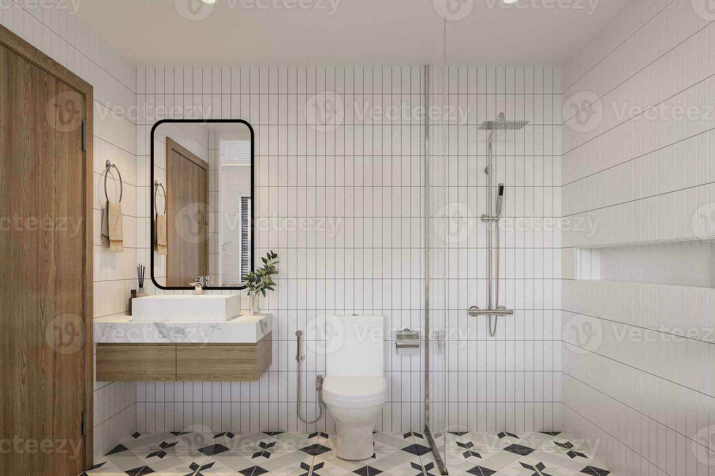 limpiar y crujiente minimalista baño interior diseño para un Fresco mirar, 3d representación foto