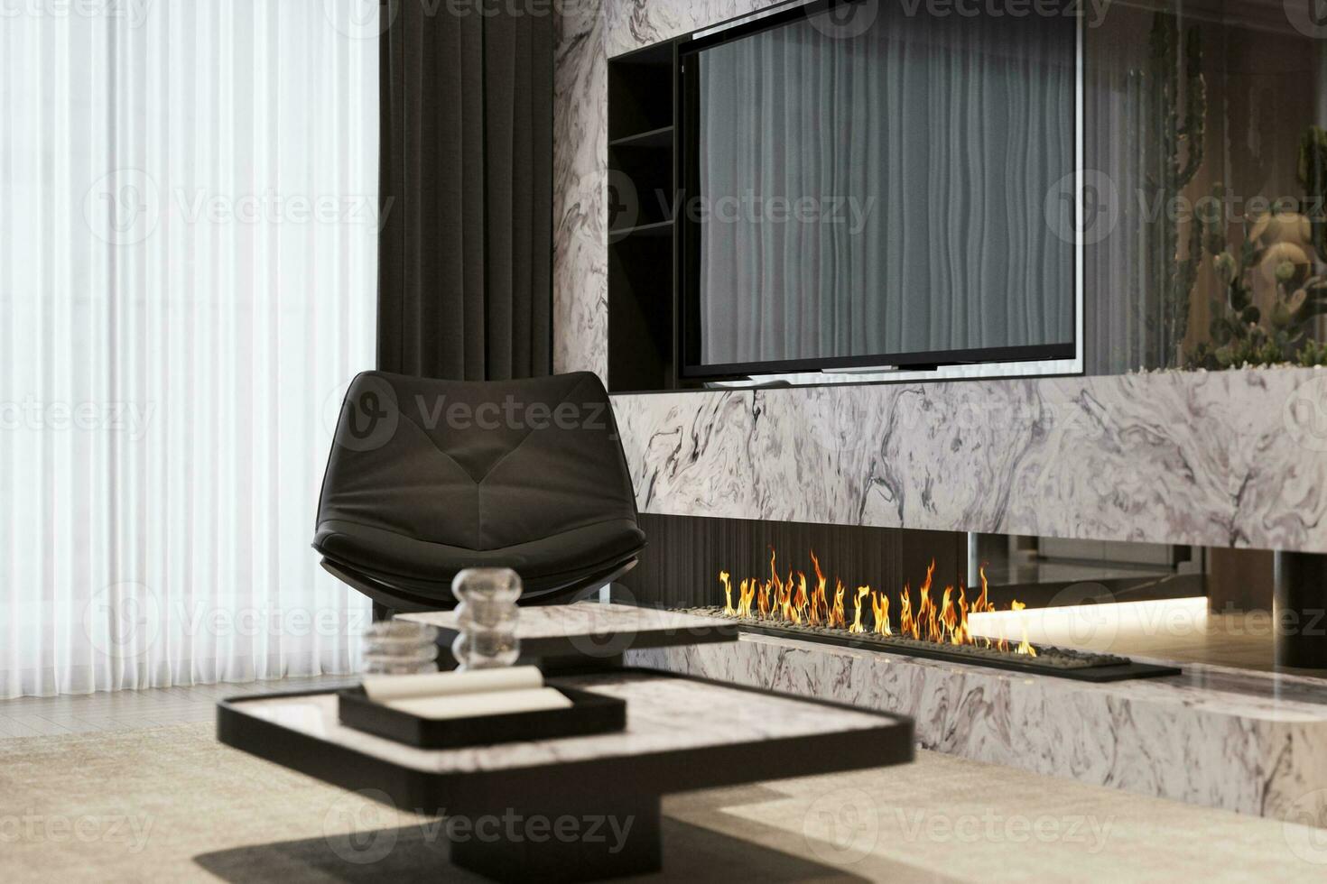 Eames Lounge Chair next to the fireplace and TV Cabinet, 3D rendering photo