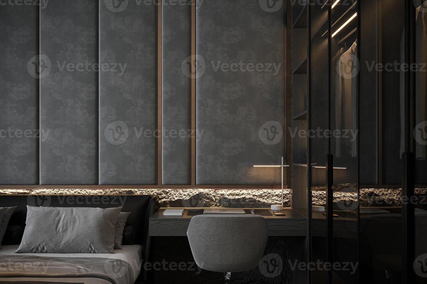 Wallattached Reading table with a chair between bed and closet in a