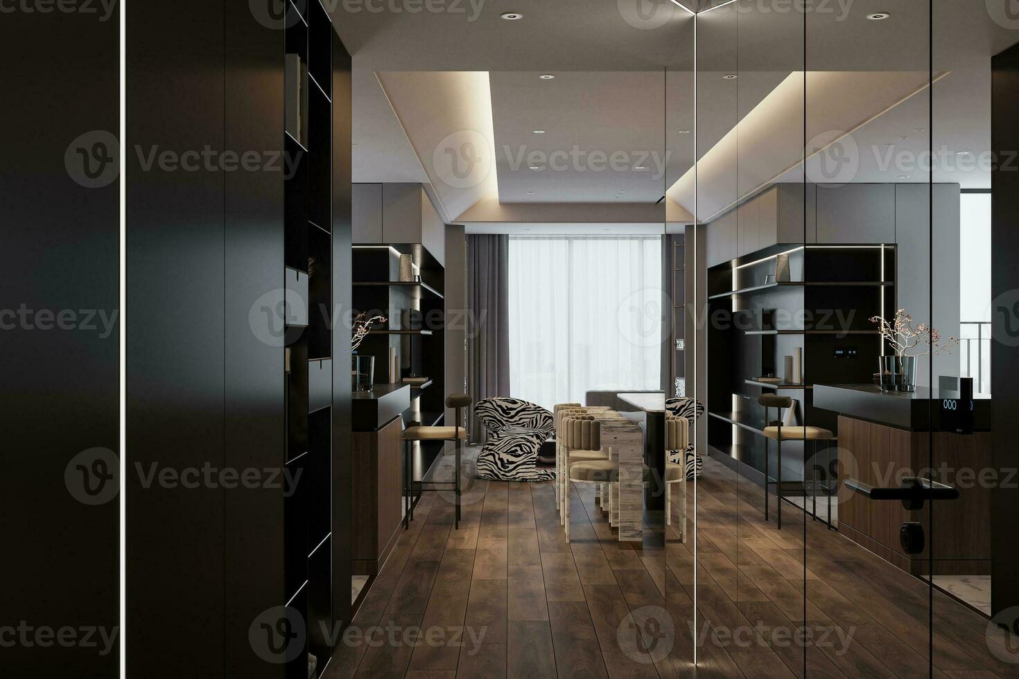 Black Wall Cabinet and Glass cabinet in a foyer space, 3D rendering photo