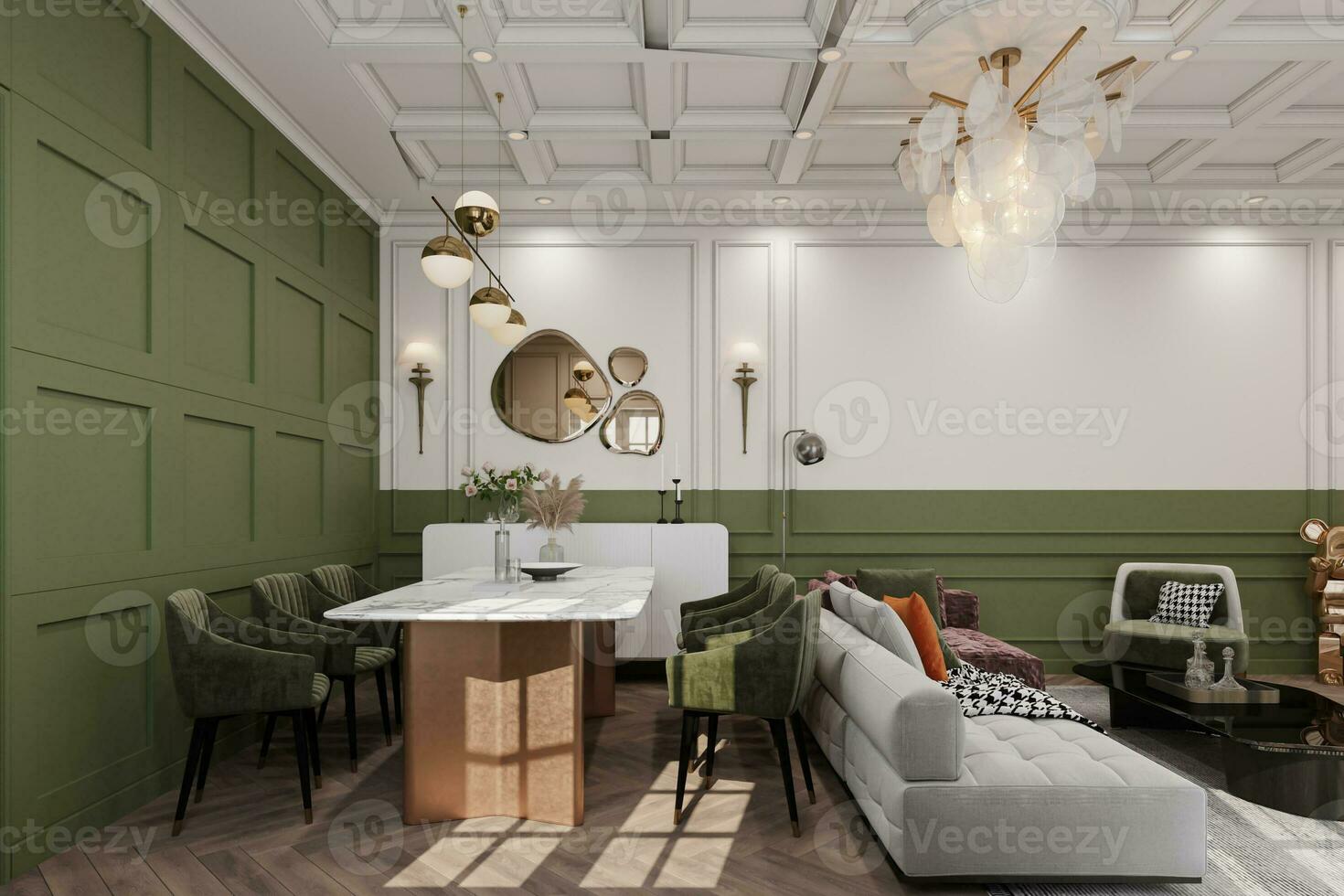 Sunlight entry into the Stylish and botany dining place interior along with Green Ava velvet chairs and a white marble table, wall painted with green and white color. 3D rendering photo