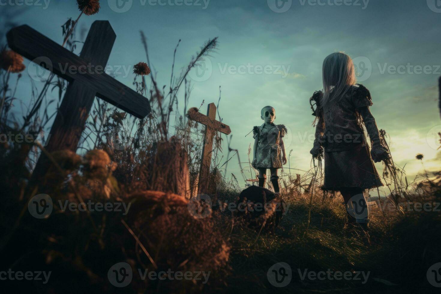 Costumed kids wandering a graveyard keeping a lookout for ghosts as the sun sets on Halloween night. Generative Ai photo