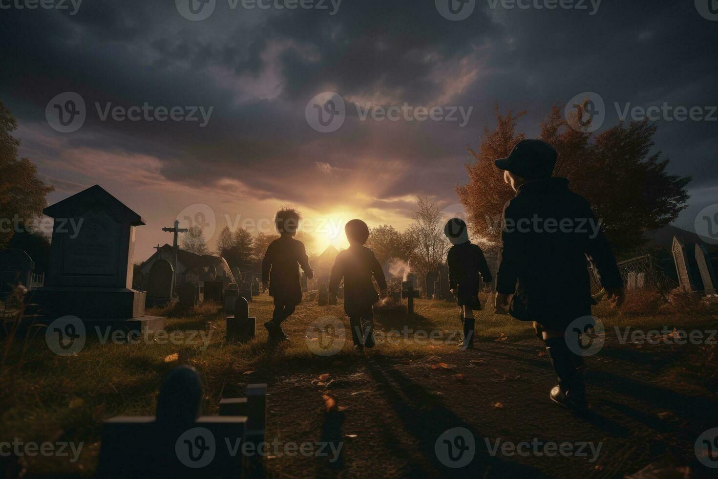 Costumed kids wandering a graveyard keeping a lookout for ghosts as the sun sets on Halloween night. Generative Ai photo