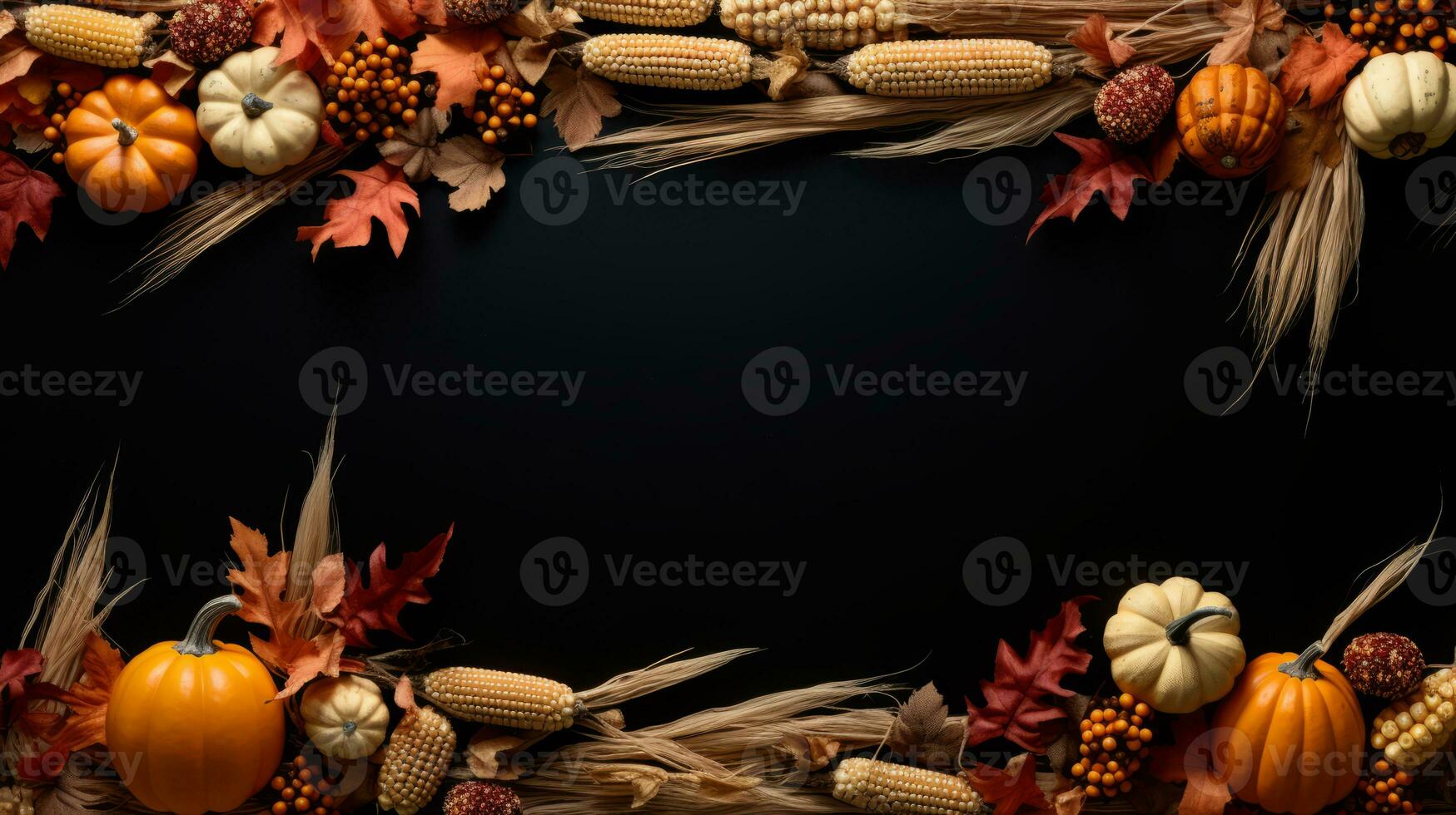 a group of pumpkins and corn on a black background ai generative photo