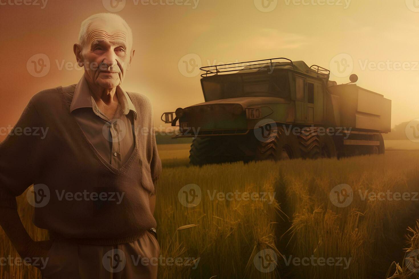 Farmer and agricultural tractor in the field. Neural network AI generated photo