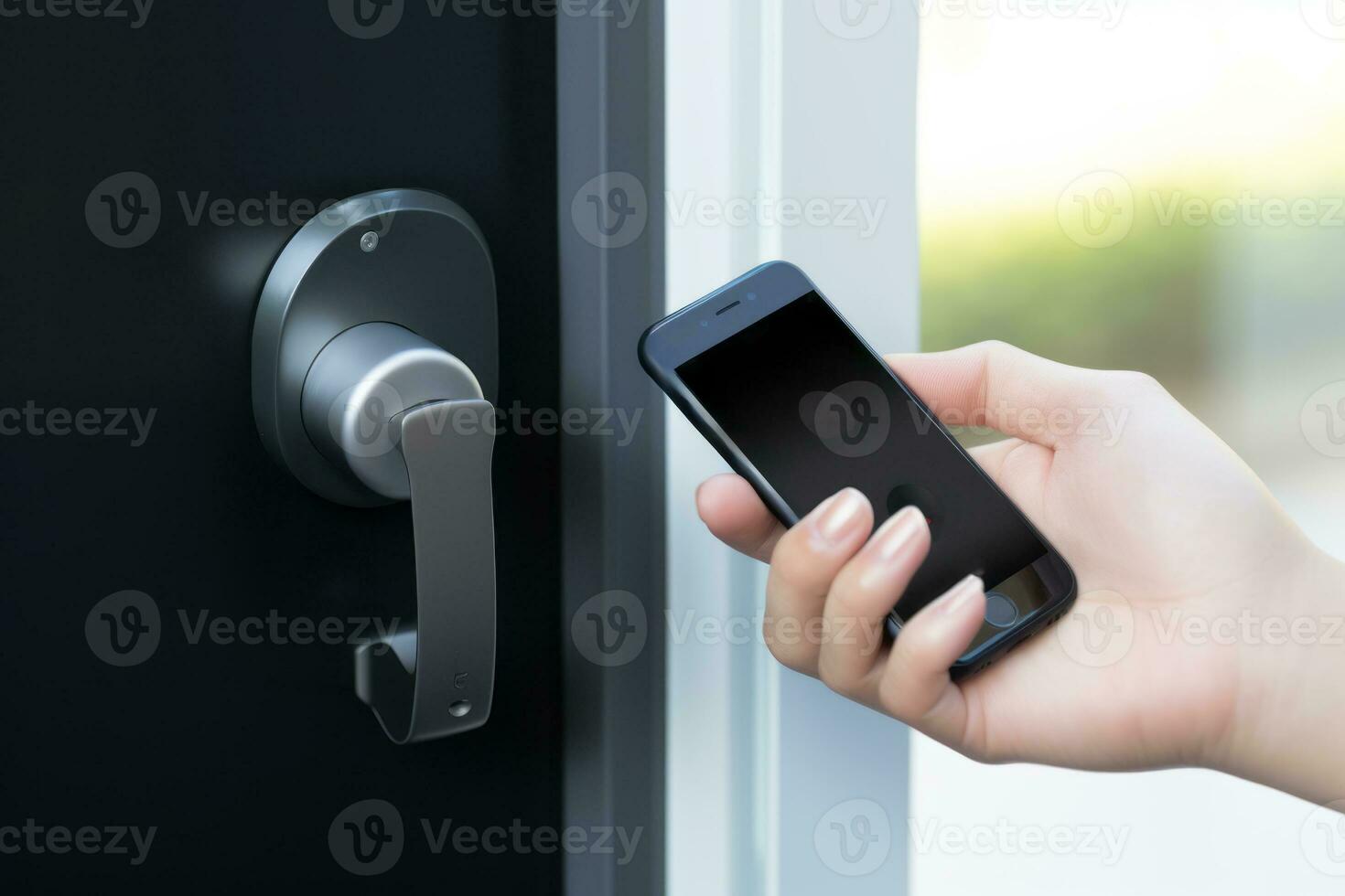 A close-up of a hand holding a key fob or smartphone to unlock a smart door lock. Generative Ai photo