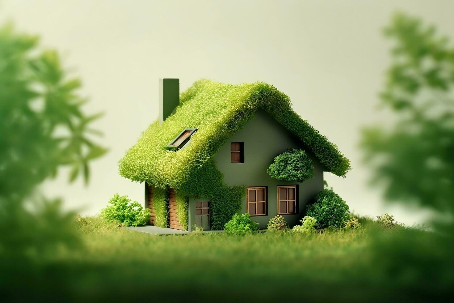 Environment friendly house with green background AI Generated photo