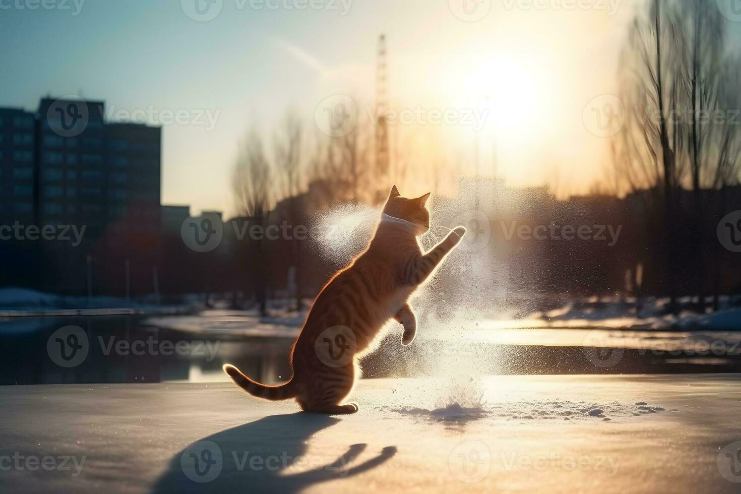 Fluffy cat walking on the snow. Neural network AI generated photo