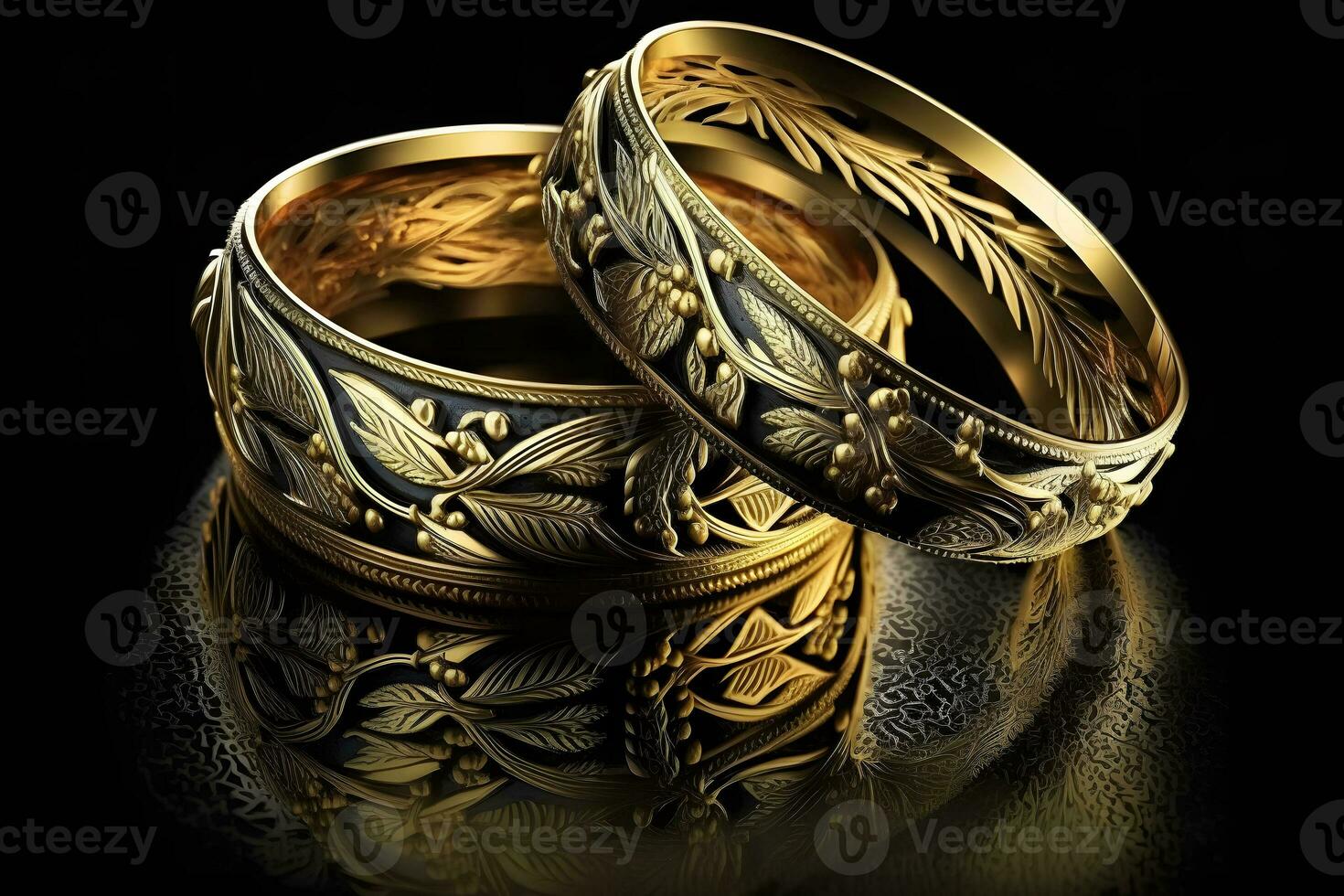 Original gold wedding rings on a dark background. Neural network AI generated photo