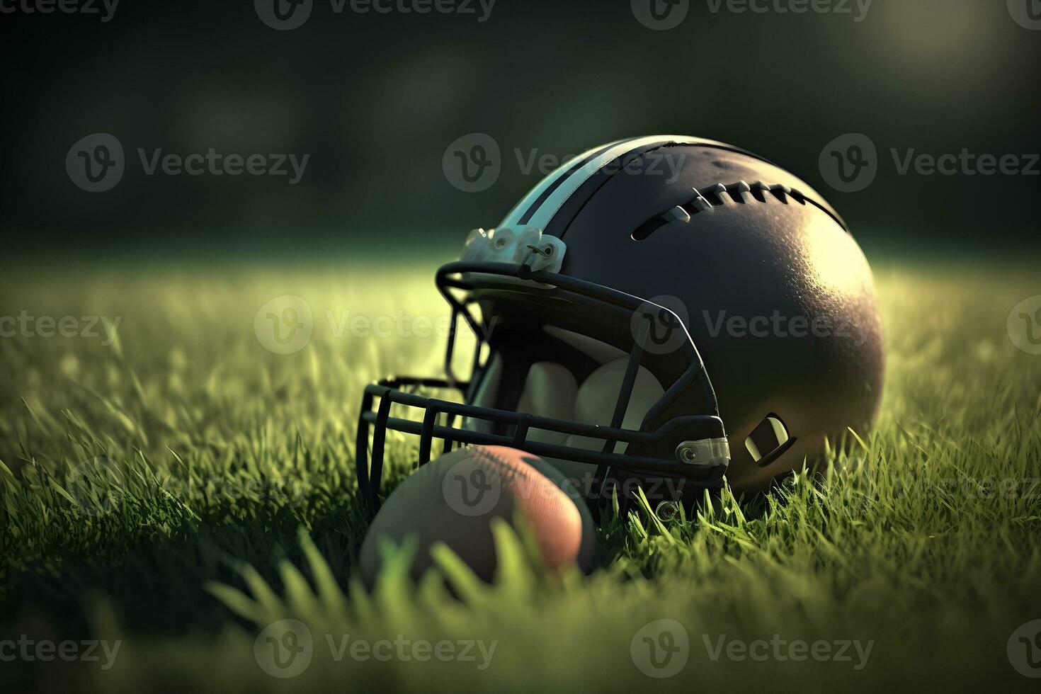 American football helmet on green grass. Neural network AI generated art photo