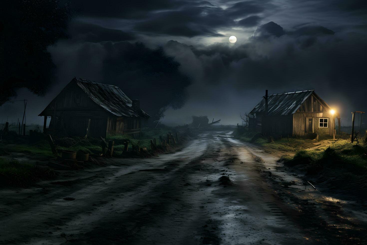 lluvioso noche en el rural pueblo con nublado cielo ai generativo foto